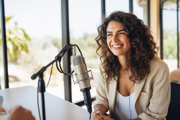 Uma mulher dando uma entrevista em um podcast