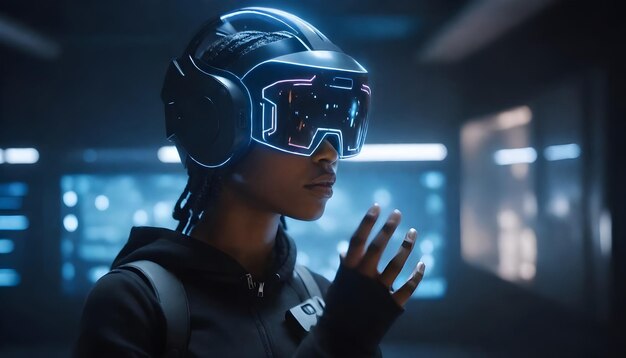 Uma mulher de 20 anos com cabelo preto usando um capacete futurista com óculos VR