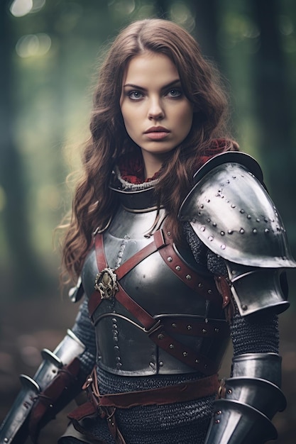 uma mulher de armadura com tiras vermelhas e pretas