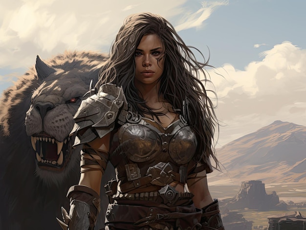 uma mulher de armadura de pé ao lado de um leão
