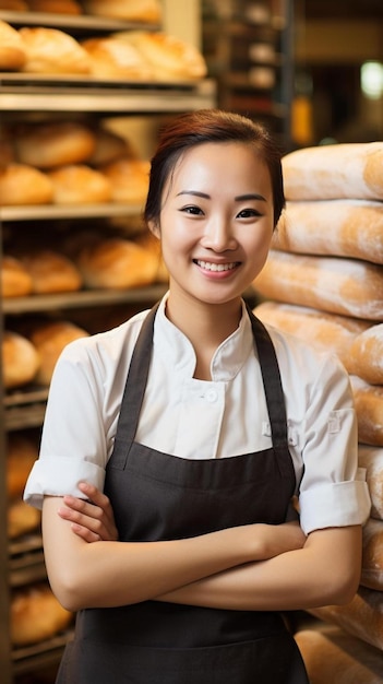 uma mulher de avental com os braços cruzados na frente do pão