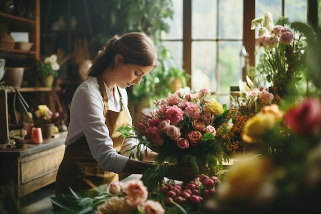 Uma mulher de avental está a trabalhar numa florista.