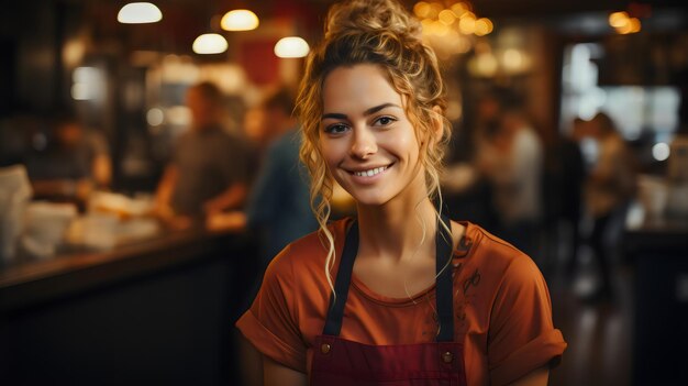 Foto uma mulher de avental está em frente a um bar com um sorriso