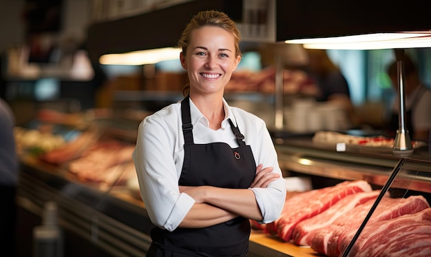 Uma mulher de avental preparando deliciosos pratos de carne