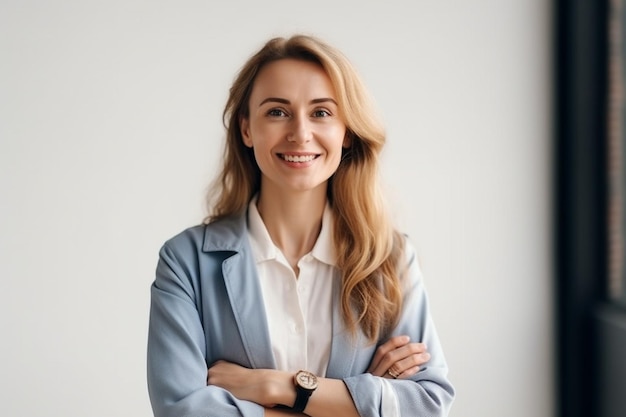 Uma mulher de blazer azul está parada em frente a uma janela com os braços cruzados.