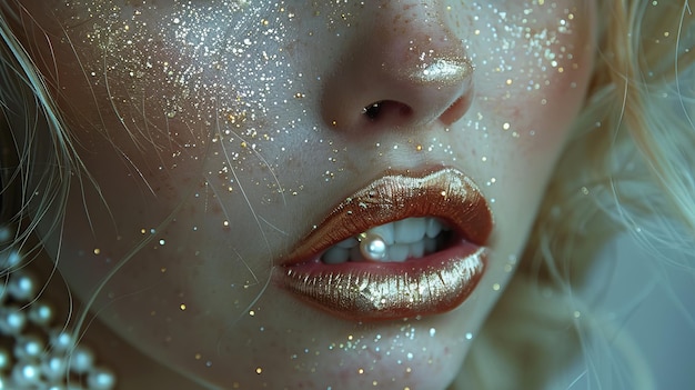 Uma mulher de boca aberta usando maquiagem de folha de ouro e mordendo pérolas falsas