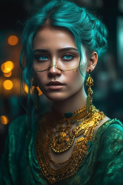 Uma mulher de cabelo azul e vestido verde