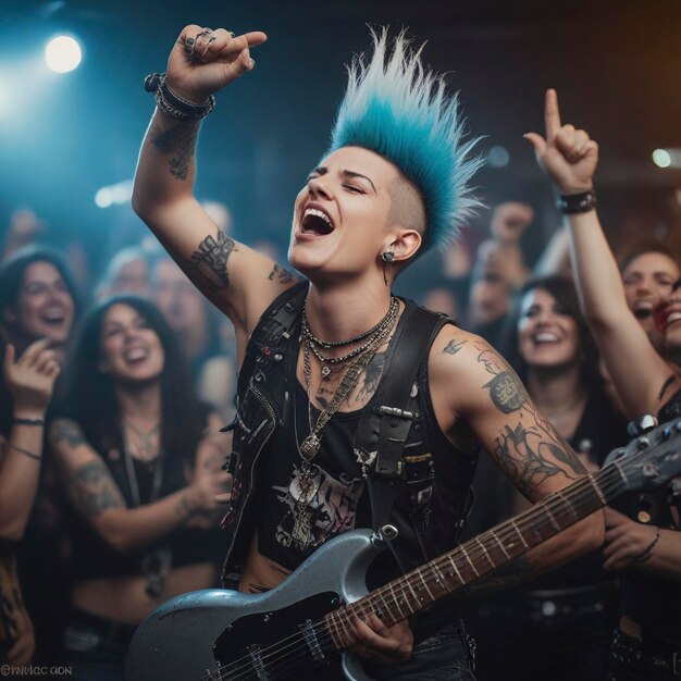 uma mulher de cabelo azul está cantando na frente de uma multidão de pessoas