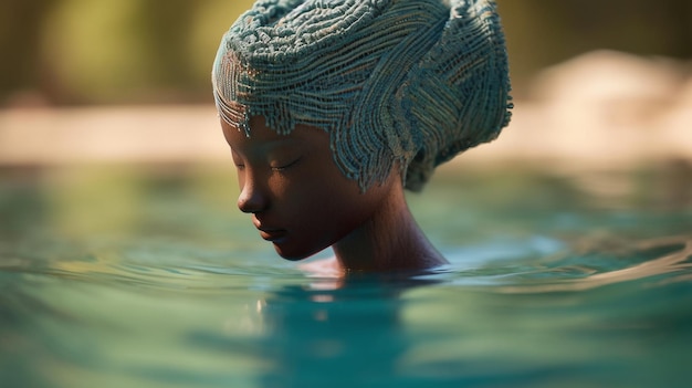 Uma mulher de cabelo azul na água.