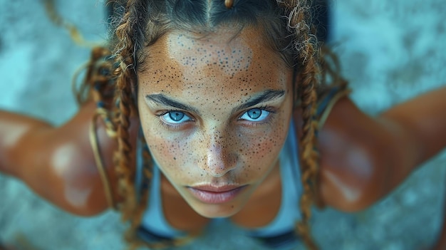 Uma mulher de cabelo castanho e olhos azuis está vestindo uma camisola