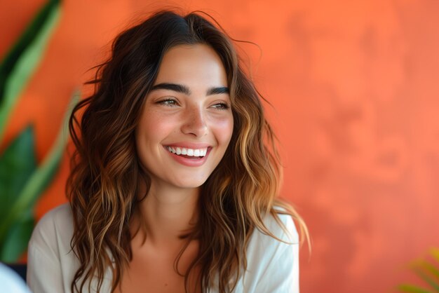 Uma mulher de cabelo castanho e um sorriso no rosto