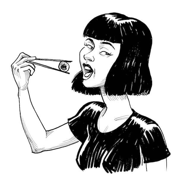 Uma mulher de cabelo curto segura um pedaço de papel na boca.