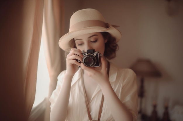 Uma mulher de cabelo curto segura uma câmera com chapéu e vestido branco