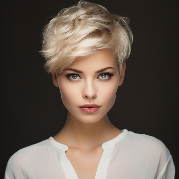 Foto uma mulher de cabelo loiro e camisa branca está vestindo uma camisa branca.