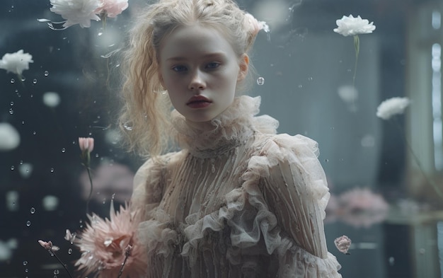 Uma mulher de cabelo loiro e um vestido branco com flores ao fundo.