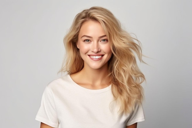 uma mulher de cabelo loiro e uma camisa branca que diz que ela está sorrindo