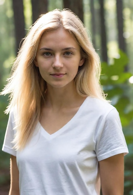 uma mulher de cabelo loiro está de pé na frente de uma floresta