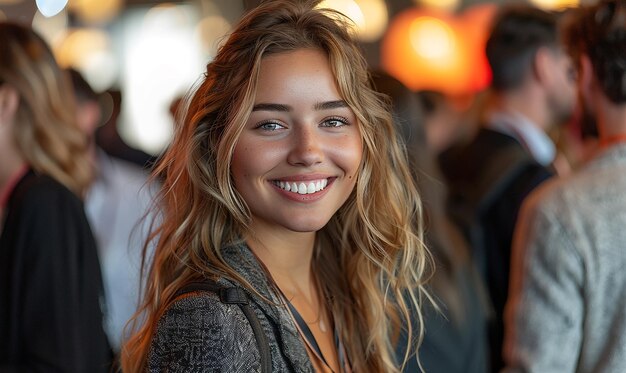 uma mulher de cabelo loiro sorrindo e vestindo um suéter cinzento