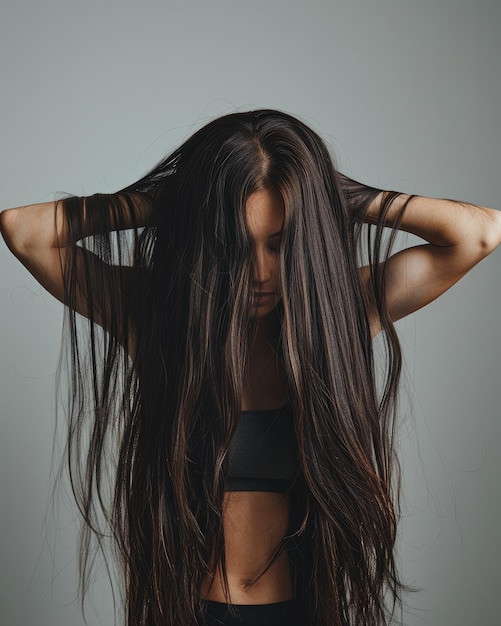 Foto uma mulher de cabelo longo cobrindo o rosto com as mãos