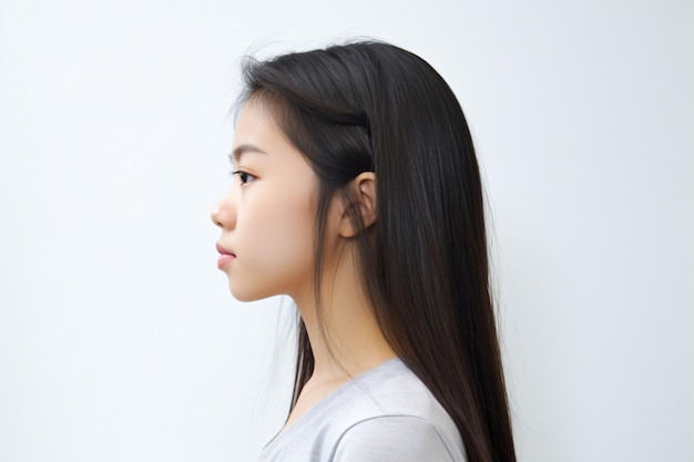 uma mulher de cabelo longo de pé em frente a uma parede branca