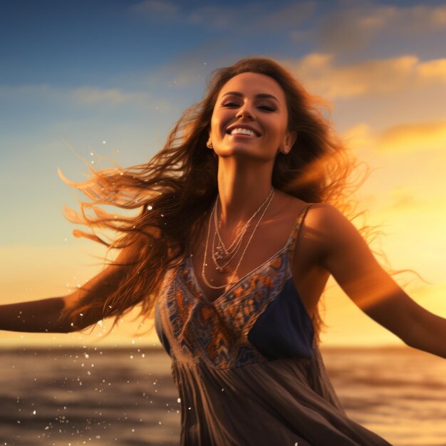 Foto uma mulher de cabelo longo em um vestido com os braços no ar