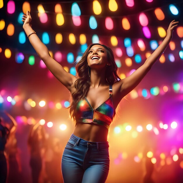 Foto uma mulher de cabelo longo está levantando os braços na frente de uma luz colorida