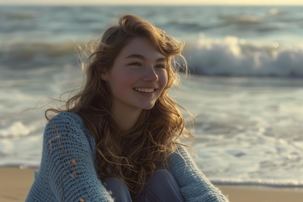 Uma mulher de cabelo longo está sentada na praia sorrindo.