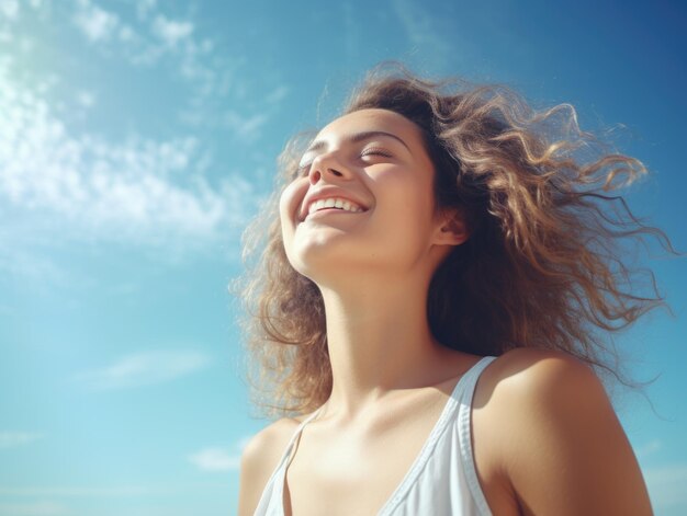 Uma mulher de cabelo longo está sorrindo e olhando para o céu