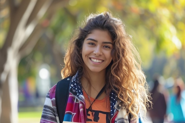 Uma mulher de cabelo longo está sorrindo e usando um lenço colorido