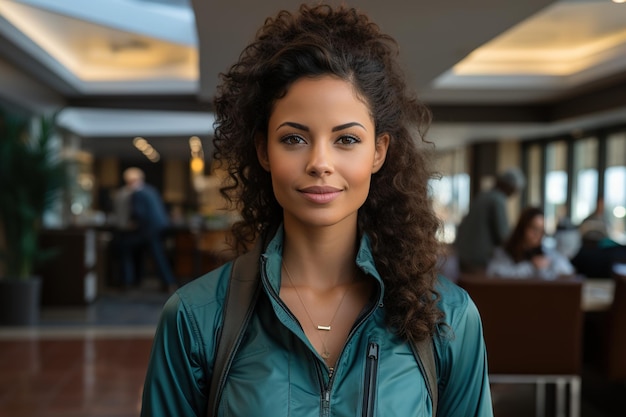 Uma mulher de cabelo longo está sorrindo para a câmera