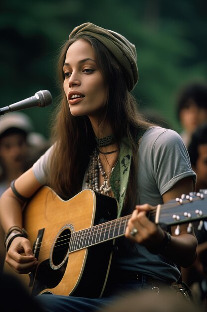 Foto uma mulher de cabelo longo está tocando guitarra