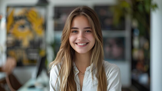 Uma mulher de cabelo longo sorrindo para a câmera com um sorriso no rosto e uma camisa branca