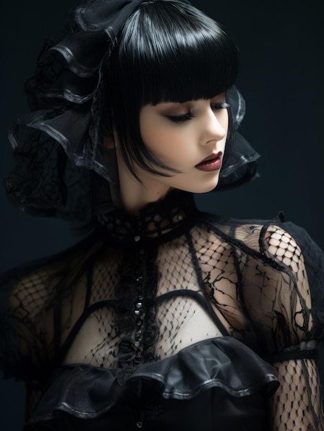 uma mulher de cabelo preto usando um vestido gótico preto
