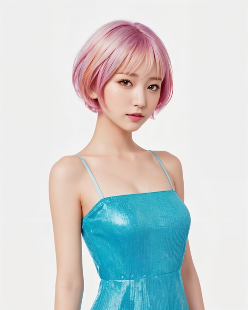 Uma mulher de cabelo rosa e vestido azul