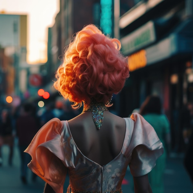 Uma mulher de cabelo rosa e vestido caminha por uma rua.