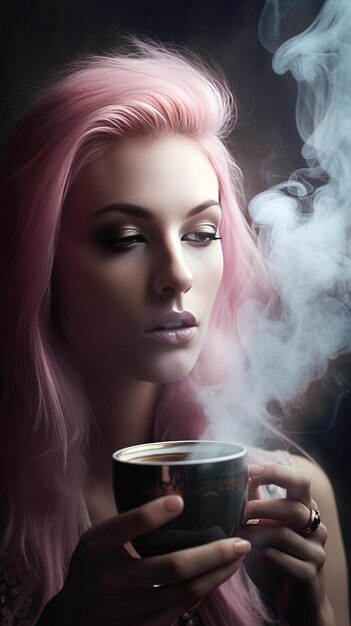 uma mulher de cabelo rosa está segurando uma chávena de café