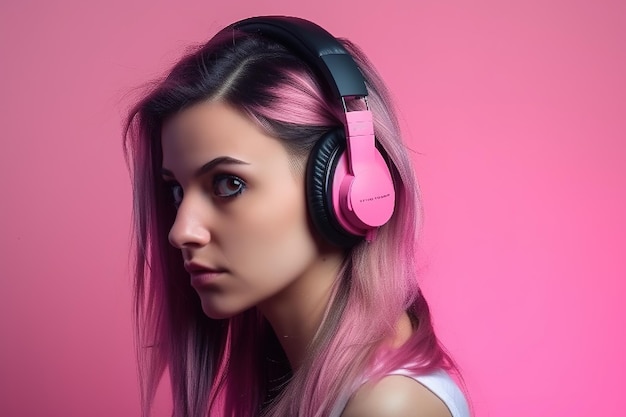 Uma mulher de cabelo rosa está usando fones de ouvido.