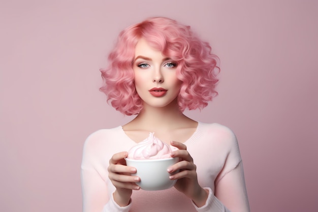 Uma mulher de cabelo rosa segura uma xícara de chantilly.