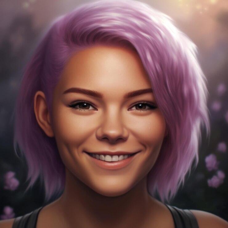 Foto uma mulher de cabelo roxo a sorrir.