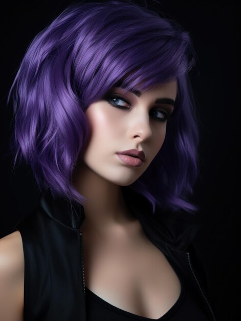 Foto uma mulher de cabelo roxo.