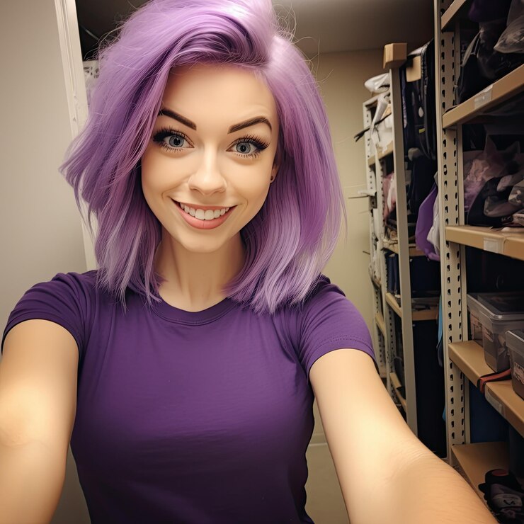 Foto uma mulher de cabelo roxo.