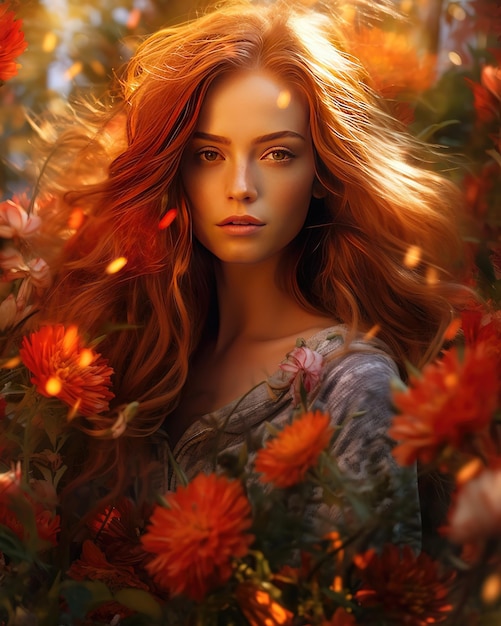 Uma mulher de cabelo ruivo e uma flor no cabelo