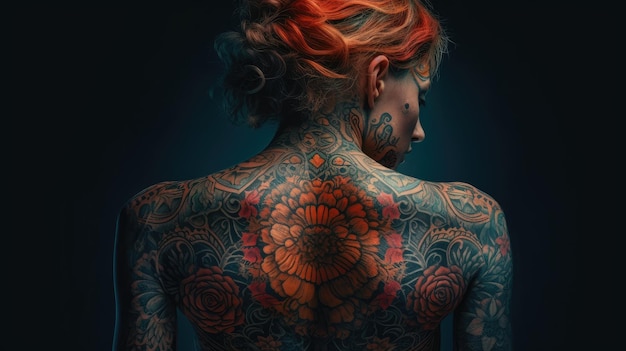 Uma mulher de cabelo ruivo e uma tatuagem nas costas