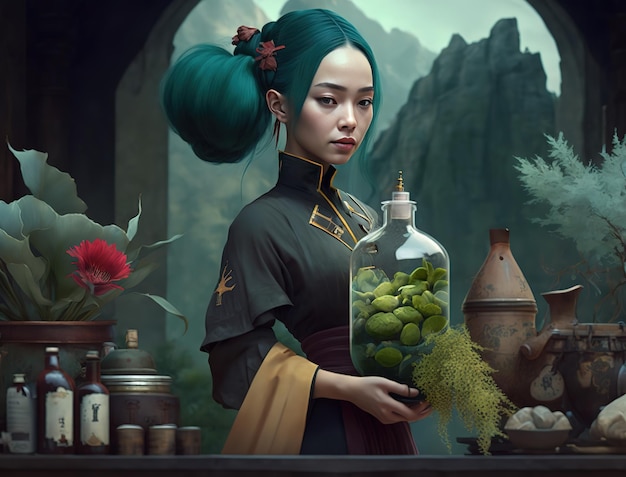Uma mulher de cabelo verde segurando uma garrafa de chá verde.