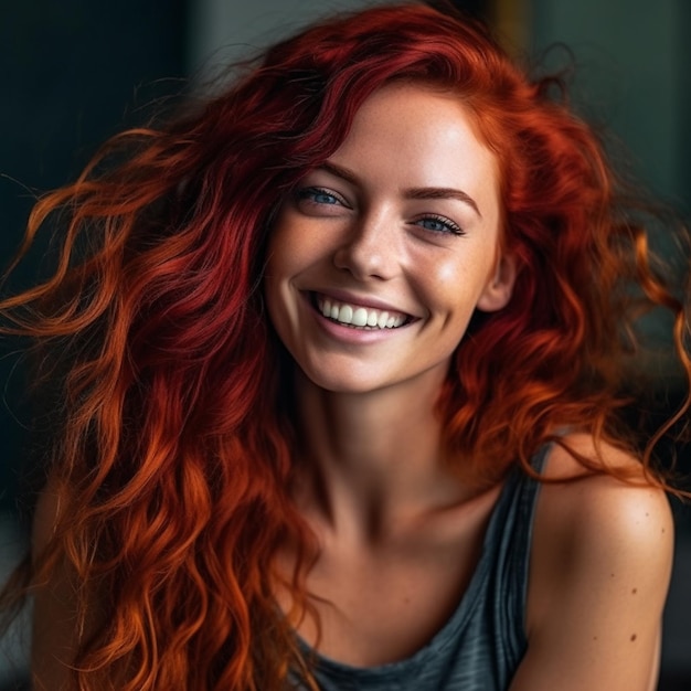 Uma mulher de cabelo vermelho a sorrir e a sorrir.