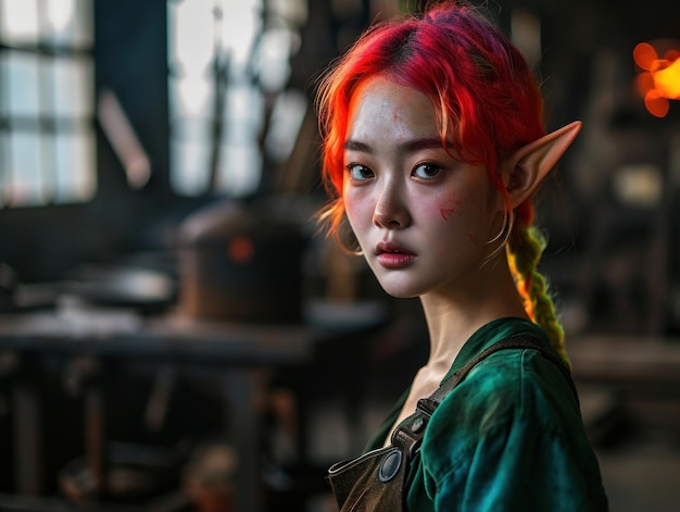 Uma mulher de cabelo vermelho e orelhas de elfo.