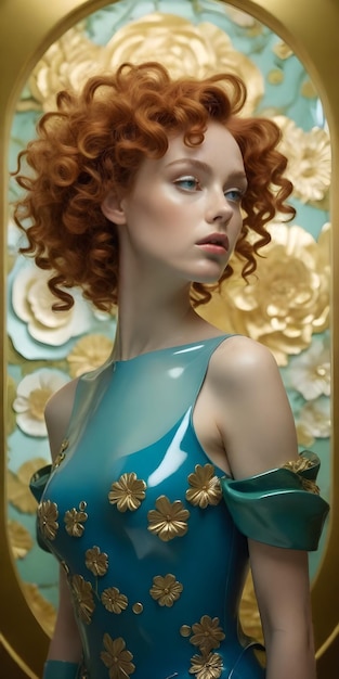 uma mulher de cabelo vermelho e um vestido azul com flores douradas
