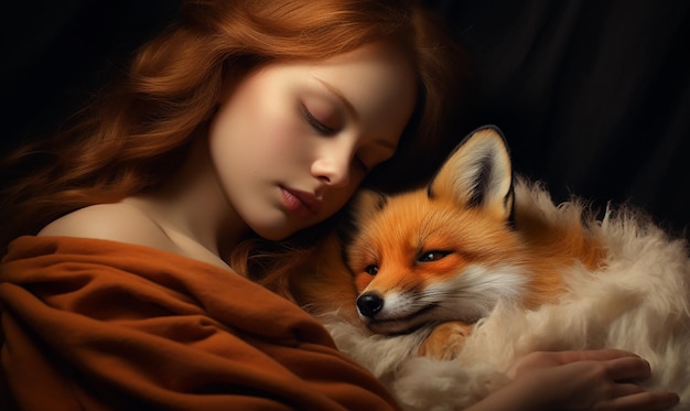 Foto uma mulher de cabelo vermelho está a dormir com uma raposa.