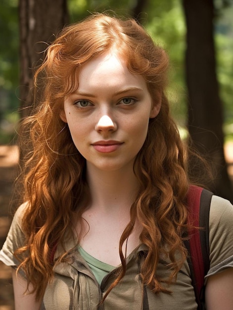 Foto uma mulher de cabelo vermelho está de pé numa floresta