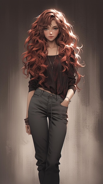 Uma mulher de cabelo vermelho está em frente a uma parede que diz que ela está vestindo um top preto.
